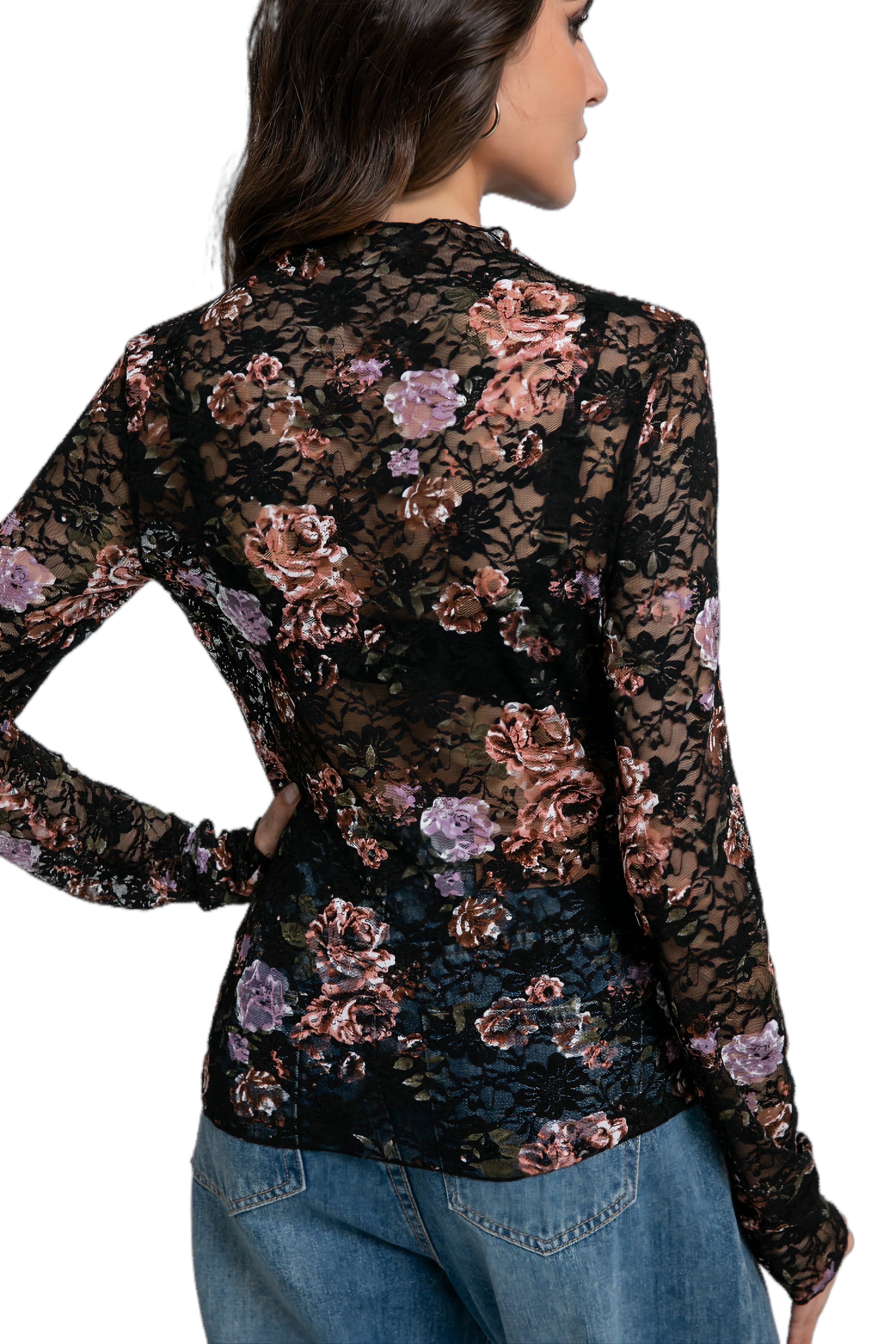 Lace Top with Long Sleeves Stand Collar Embroidered Floral Design Ideal for Parties and Clubs Xs-Xxl
