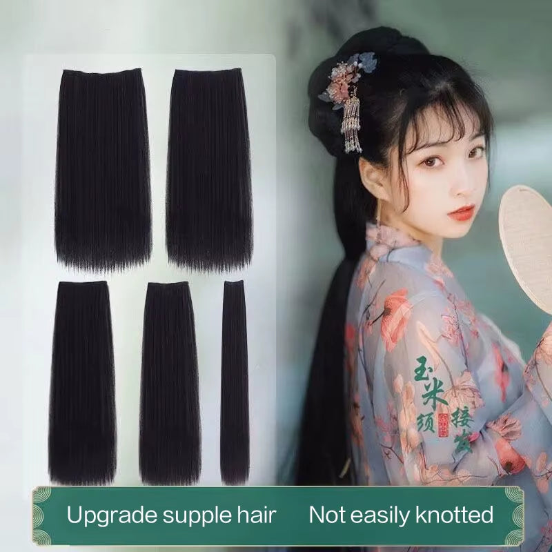 Hanfu Wig Piece Corn Whisker Hairstyle One Piece Hair Extension Non Knotted Long Straight Hair Piece Antique Hairstyle for Women