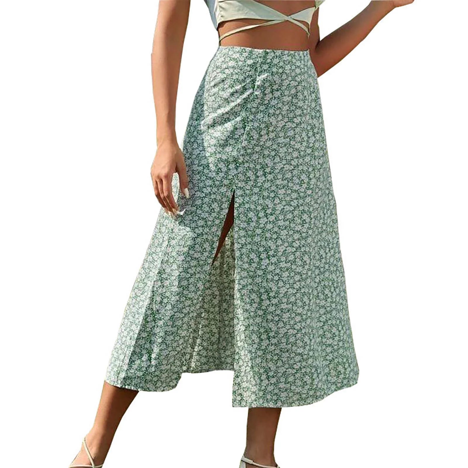 Summer Skirt for Women High Waist Floral Print Boho Dress Side Split Casual a Line Flowy Beach Long Skirt