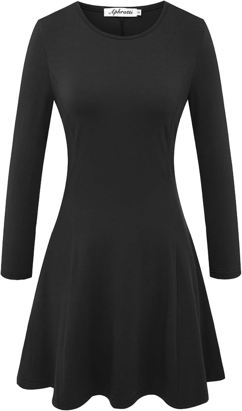 Aphratti Women's Long Sleeve Fall Dresses Casual Basic Crew Neck A-Line Fit and Flare Skater Dress