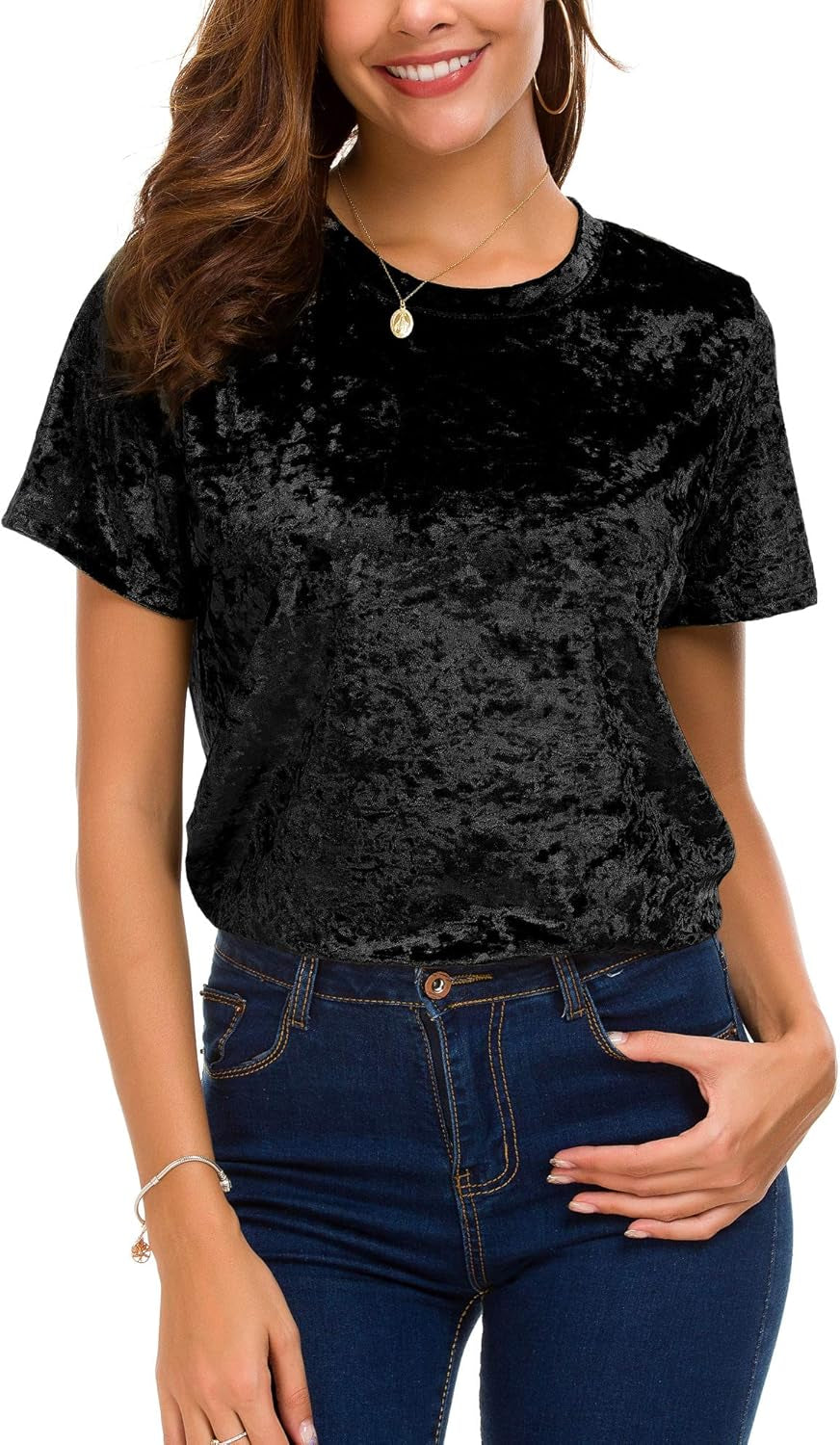 Women's Crew Neck Velvet Top Short Sleeve T-Shirt