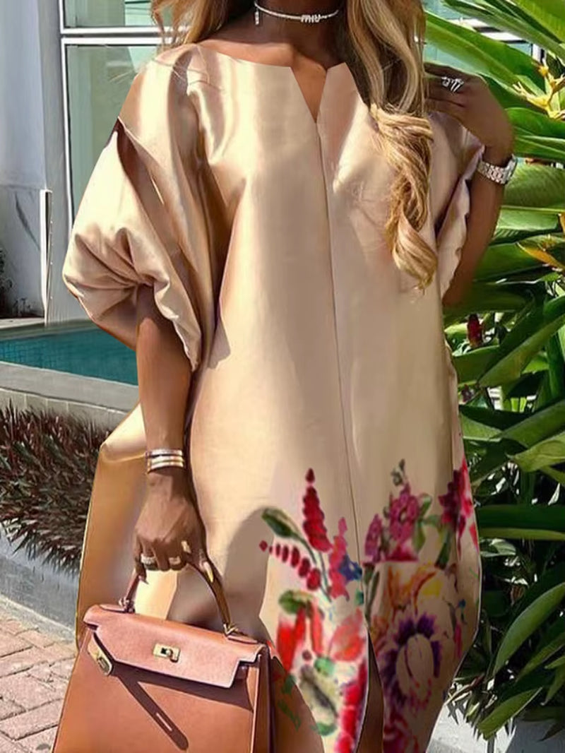 Freeacy Women'S Elegant Floral Printed Maxi Dress Boat Neck Puff Sleeves H-Line Splited Evening Dresses Floor Length Party Dress