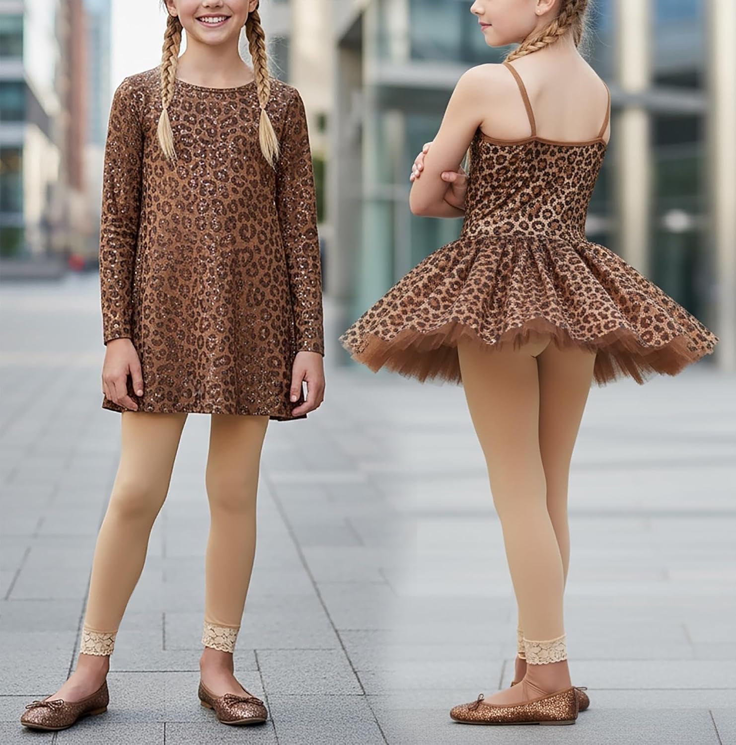 ToBeInStyle Girl’s Footless Opaque Layering Nylon Tights with Floral Lace Bottom Trim