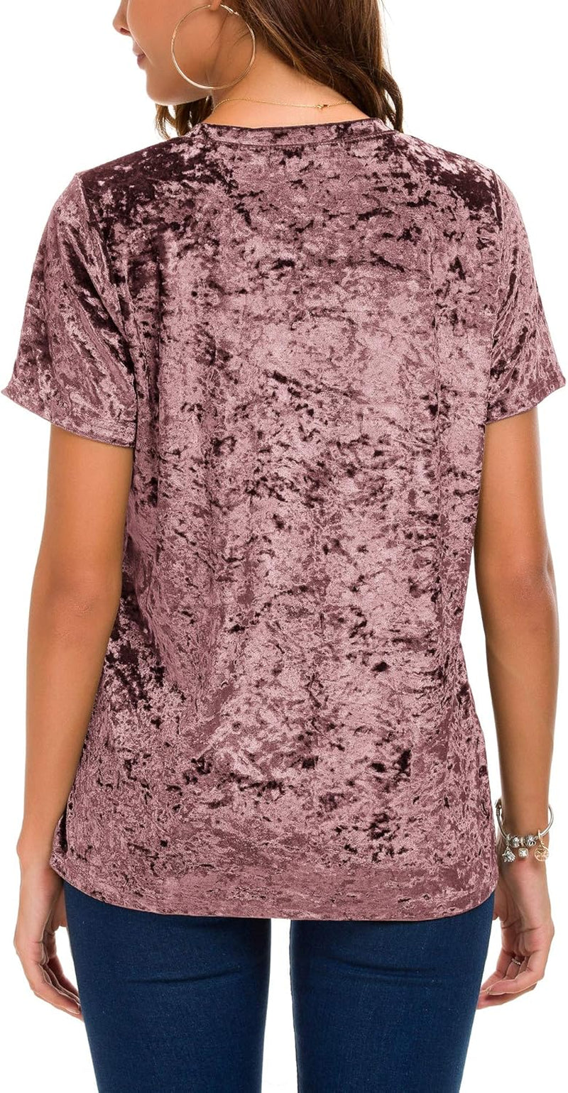 Women's Crew Neck Velvet Top Short Sleeve T-Shirt