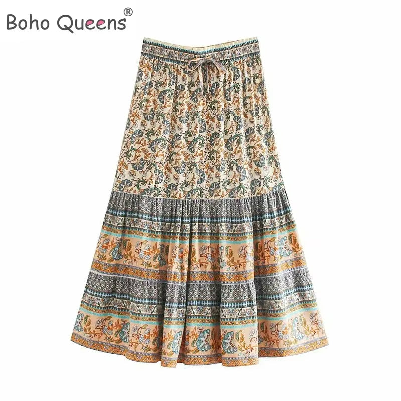 Hippie Women Floral Peacock Printed High Elastic Waist Bohemian Skirt Ladies Midi A-Line Beach