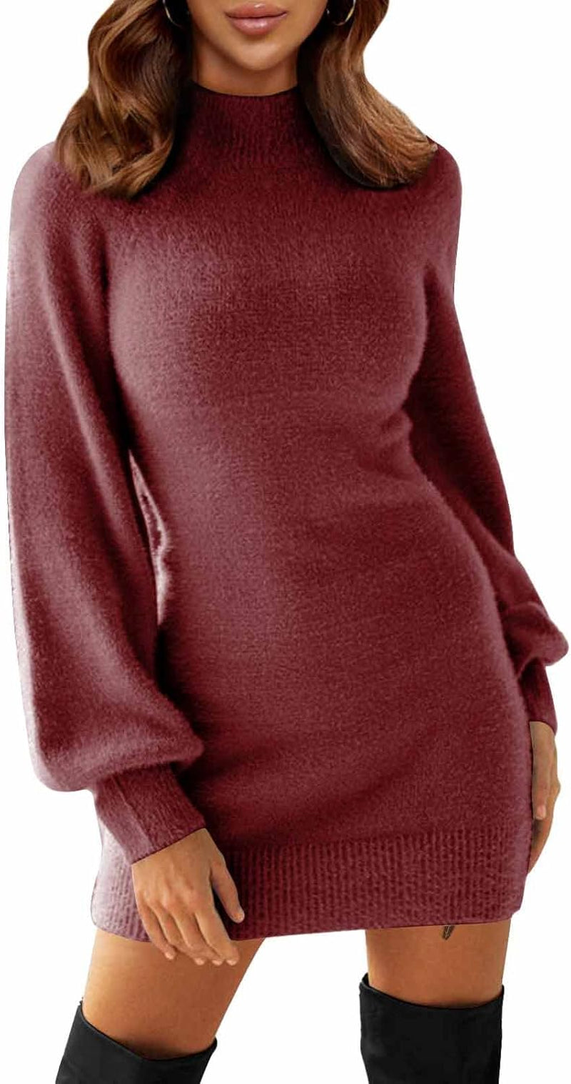 EXLURA Women's 2025 Mock Neck Ribbed Long Sleeve Bodycon Pullover Cute Mini Sweater Dress