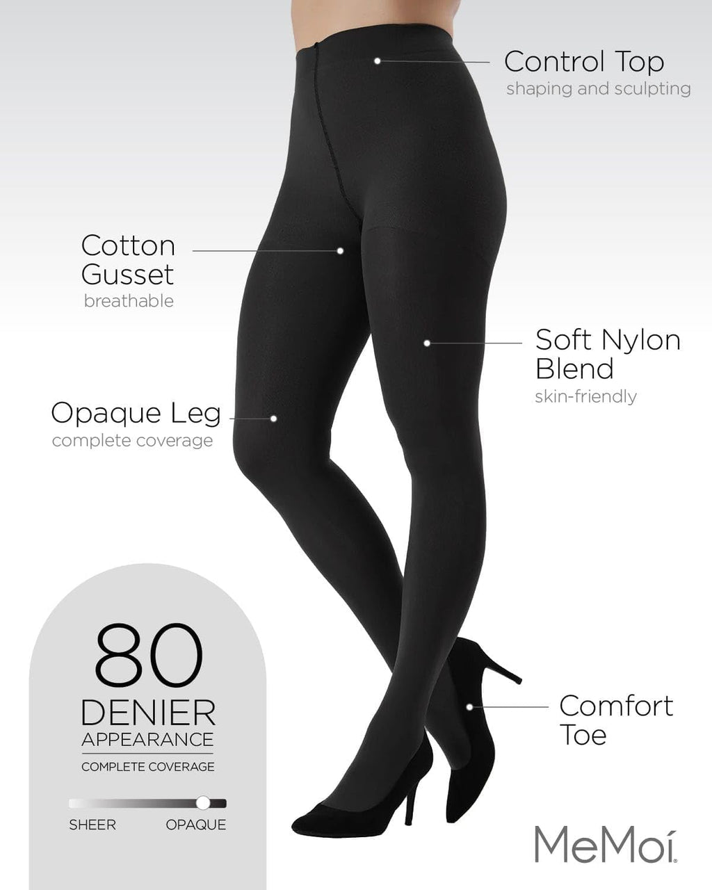 MeMoi Control Top Solid Microfiber Tights 2 Pack