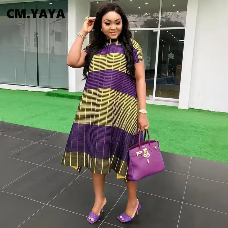 C.M YAYA plus Size Loose Women Dresses Double Color Patchwork Mid-Calf Length O-Neck Short Sleeve Casual Straight Dress 2021