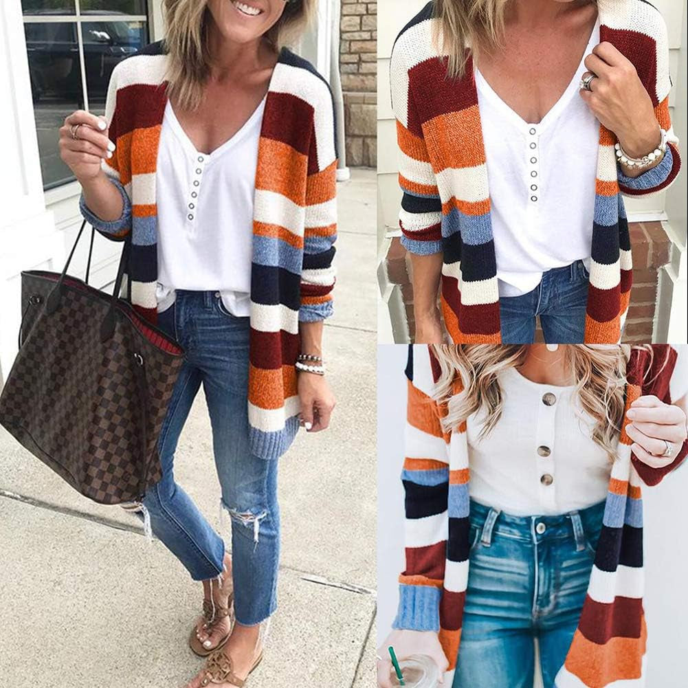 JUNBOON Women's Striped Long Sleeve Open Front Knit Cardigan Casual Pullover Sweater