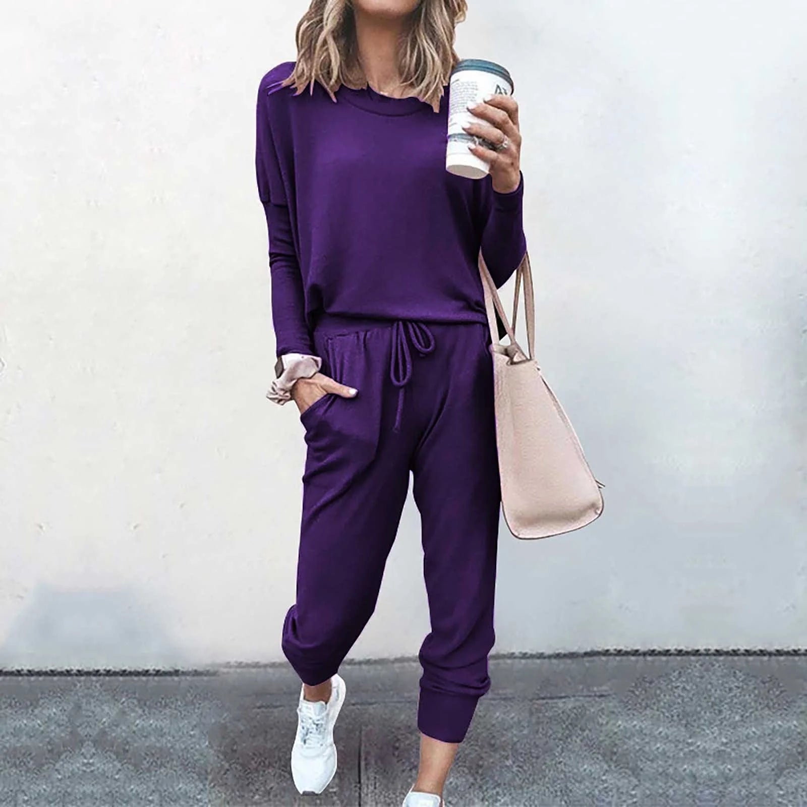 Daily Deals,Two Piece Outfits for Women Fall 2023,Womens Solid Color Sweatsuits Sets 2 Pieces Jogger Sets with Pockets Long Sleeve Jogging Sweat Suit