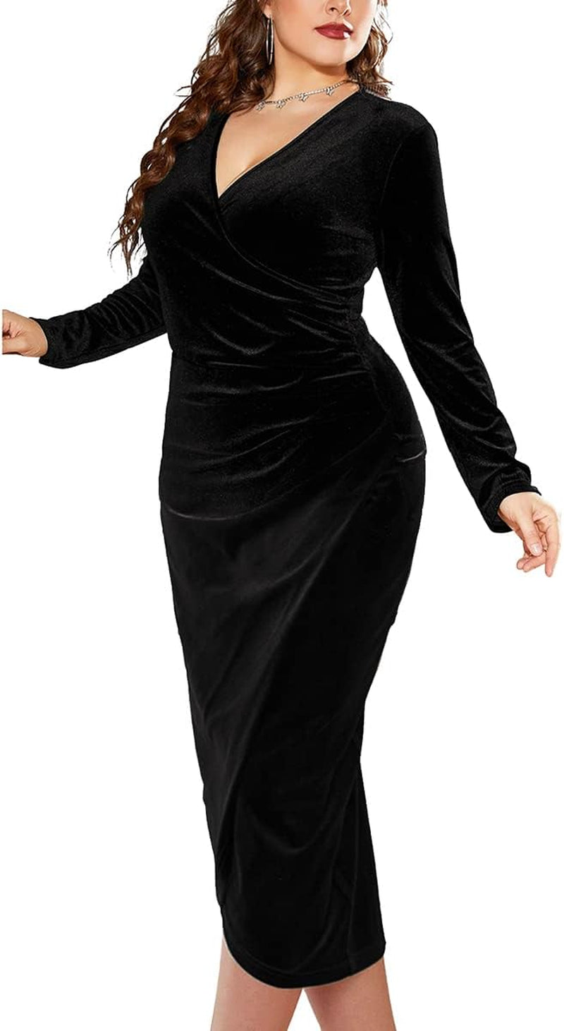 TINSTREE Womens Plus Size Long Sleeve Velvet Bodycon Dresses Sexy Ruched Wrap Deep V Neck Party Cocktail Dress