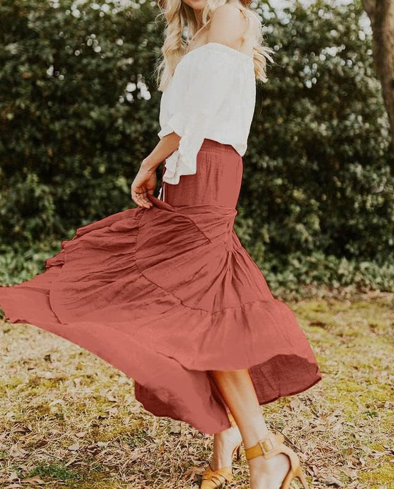 HAEOF Women's Summer Flowy Boho Maxi Skirt Trendy Smocked Waist Ruffle Tiered A Line Casual Beach Long Skirts Midi Dress