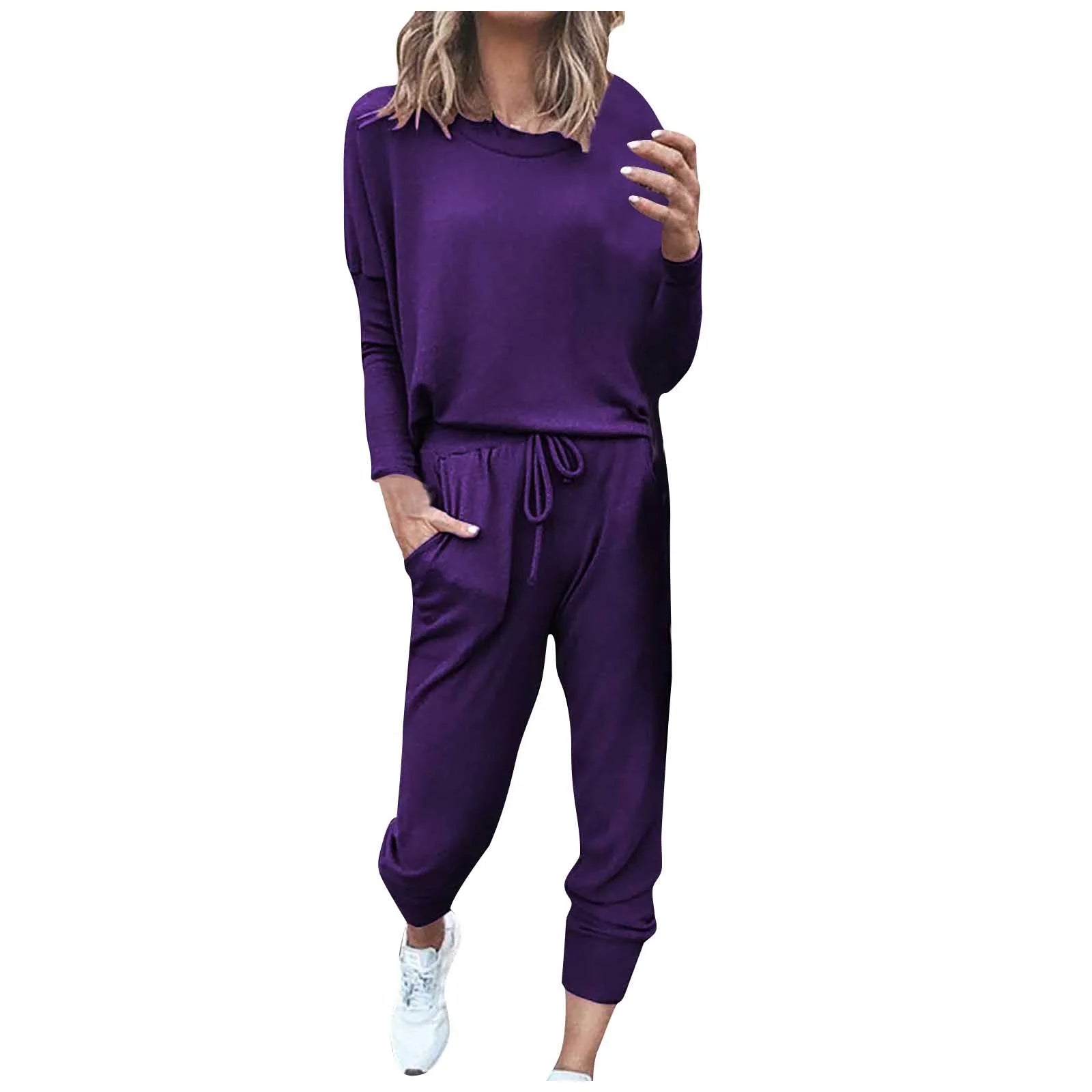 Daily Deals,Two Piece Outfits for Women Fall 2023,Womens Solid Color Sweatsuits Sets 2 Pieces Jogger Sets with Pockets Long Sleeve Jogging Sweat Suit