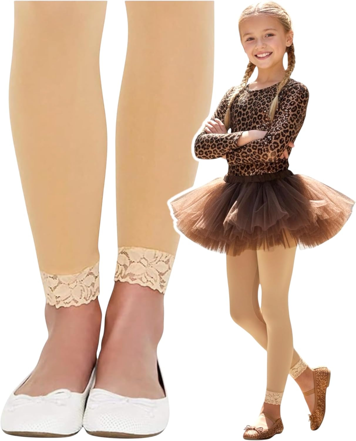 ToBeInStyle Girl’s Footless Opaque Layering Nylon Tights with Floral Lace Bottom Trim
