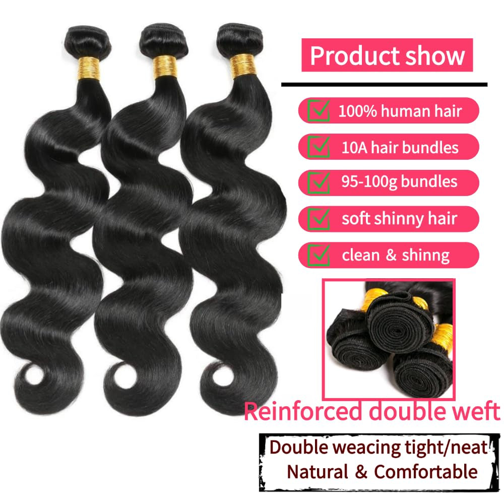 Body Wave Bundles Human Hair 14 16 18 Inch Brazilian Body Wave Human Hair 3 Bundles Natural Black Virgin Human Hair Extensions Unprocessed Wavy Human Hair Bundles for Women