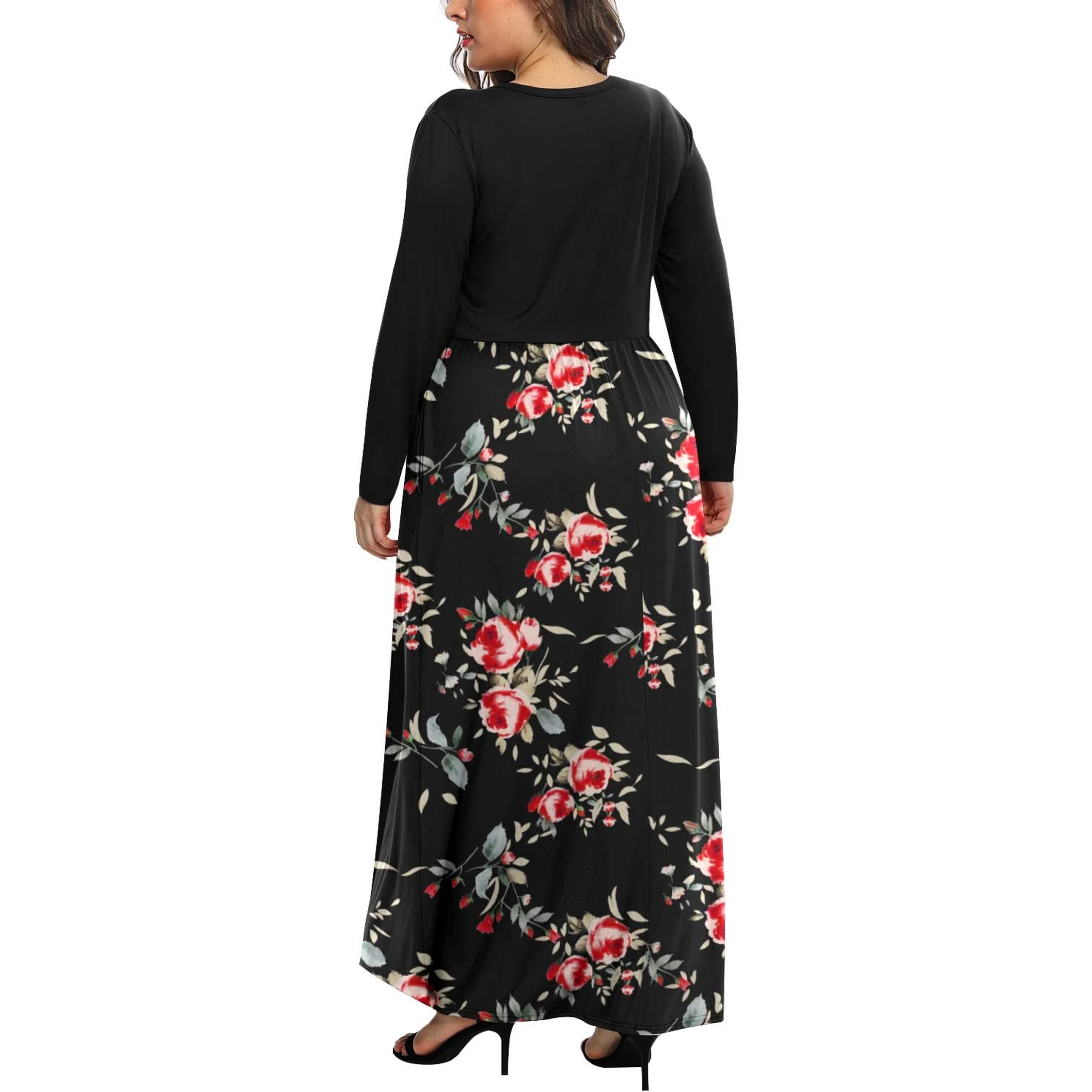 AUSELILY Women'S Plain plus Size Long Sleeve Loose Curvy Long Maxi Dresses with Pockets(18W,Black Rose Black)