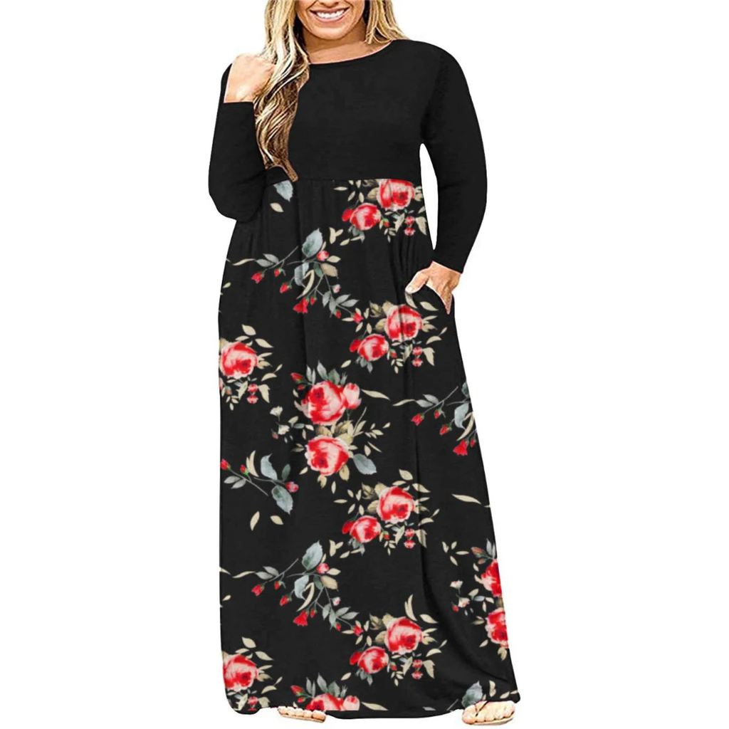 AUSELILY Women'S Plain plus Size Long Sleeve Loose Curvy Long Maxi Dresses with Pockets(18W,Black Rose Black)