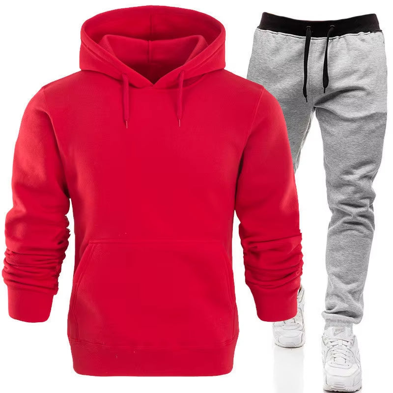 Men'S Casual 2-Piece Set Solid Color Pullover Hoodies + Long Pants for Winter Training Outdoor Sports Supersize Suits