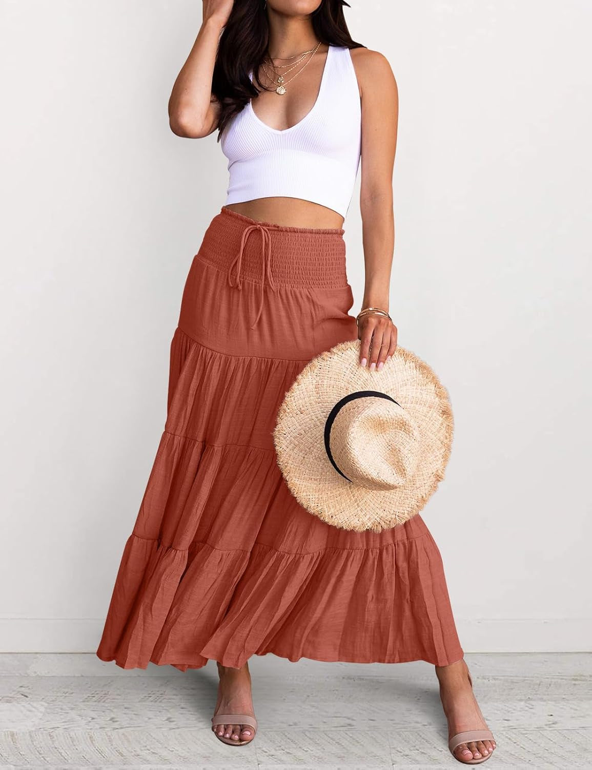 HAEOF Women's Summer Flowy Boho Maxi Skirt Trendy Smocked Waist Ruffle Tiered A Line Casual Beach Long Skirts Midi Dress