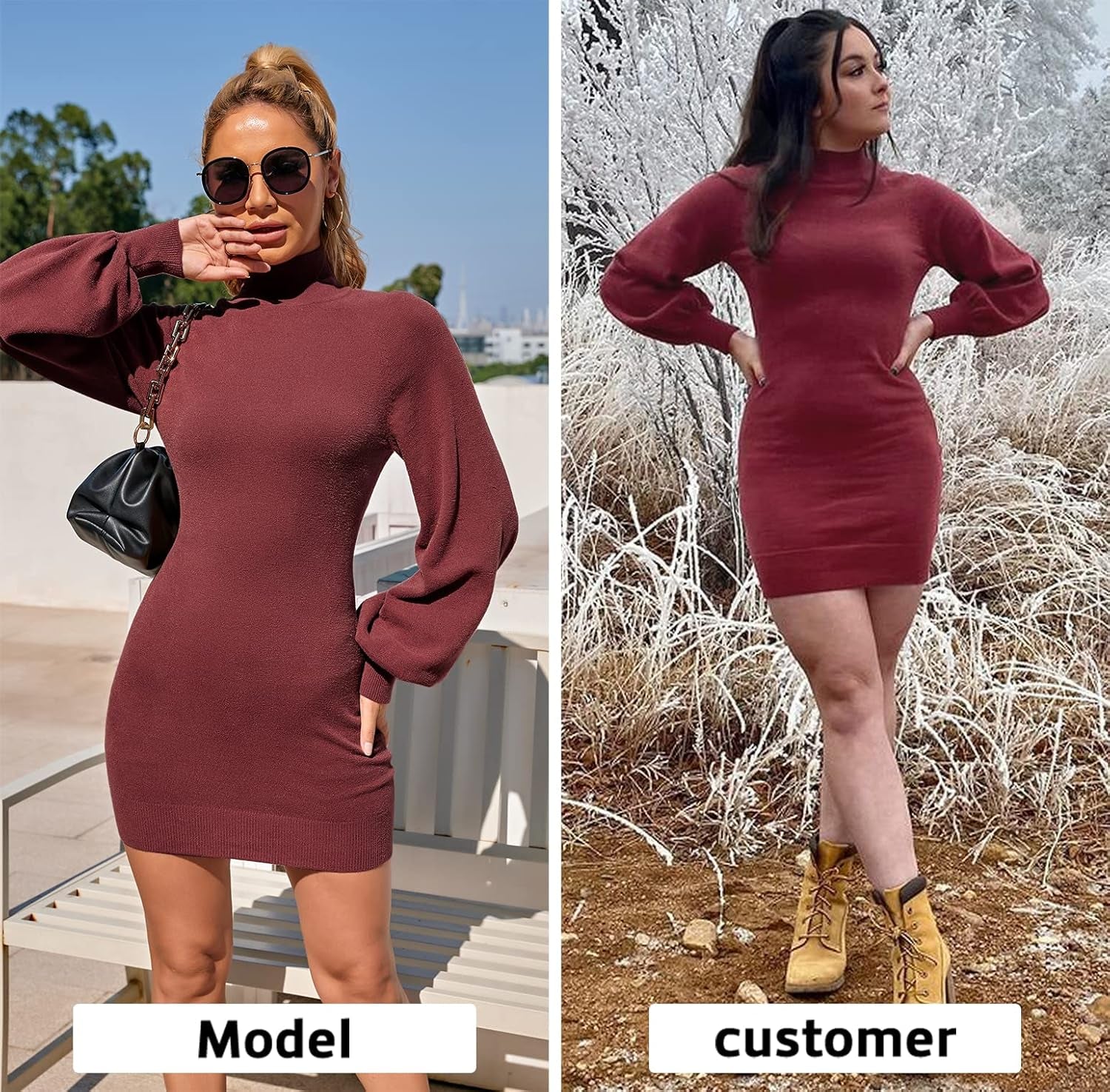 EXLURA Women's 2025 Mock Neck Ribbed Long Sleeve Bodycon Pullover Cute Mini Sweater Dress