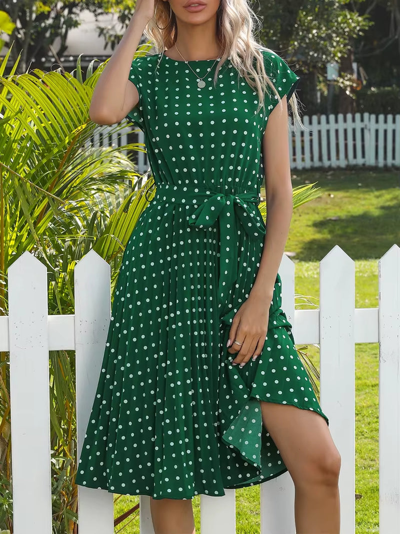 O-Neck Polka Dot Summer Dresses 2024 Cap Sleeve Women Knee Length Shirred Elegant Office Lady Belted A-Line Dress