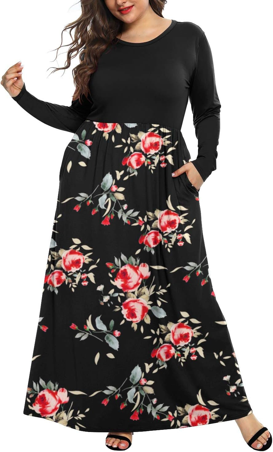 AUSELILY Women'S Plain plus Size Long Sleeve Loose Curvy Long Maxi Dresses with Pockets(18W,Black Rose Black)