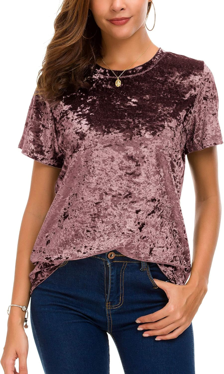 Women's Crew Neck Velvet Top Short Sleeve T-Shirt