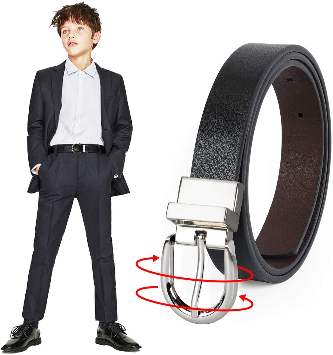 JASGOOD Kids Leather Reversible Belt, Plus Size Boys Casual Belt for Jeans School Uniform with Rotated Buckle
