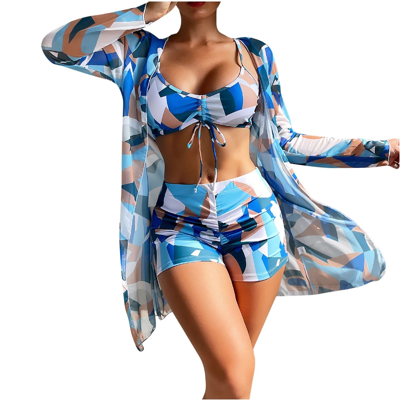 Swimsuit Women plus Size,Womens Three Piece High Waist Long Sleeve Cover-Up Separate Swimsuit Set, Swimsuits for Women 2 Piece