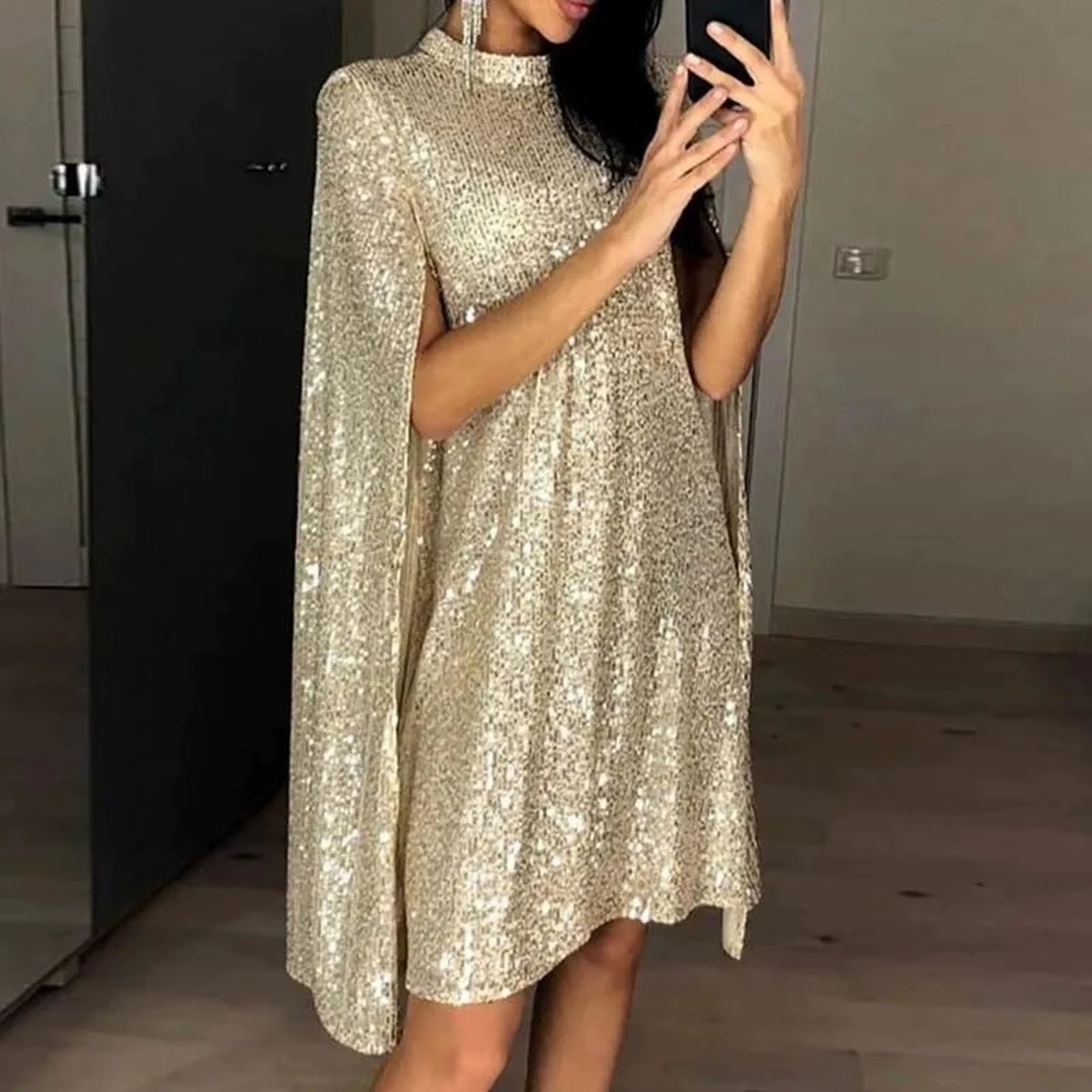 Sequin Party Dresses for Women 2024 Golden Elegant Cloak Sleeve Patchwork Loose Evening Dress Silver Sexy Club Vestidos Female
