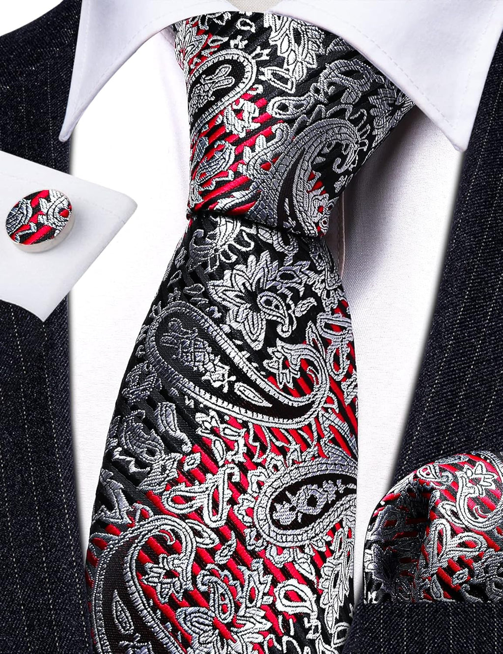 Barry.Wang Men Ties Paisley Woven Silk Necktie Set with Pocket Suqare Cufflinks Formal