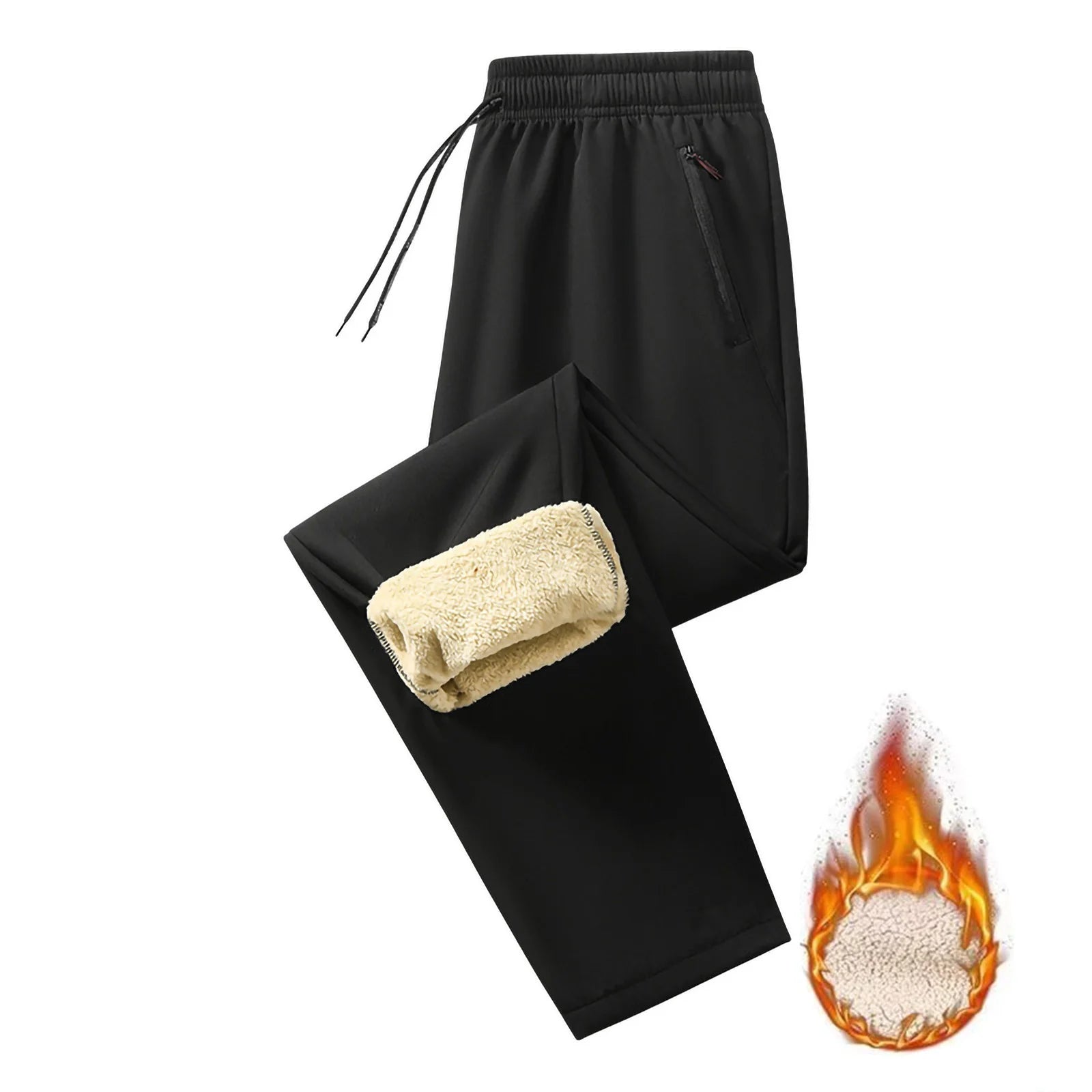 Fleece Lined Pants for Men Warm Sherpa Lined Thermal Pants Drawstring Elastic Waist Straight Leg Pants Solid Lounge Pants with Pocket