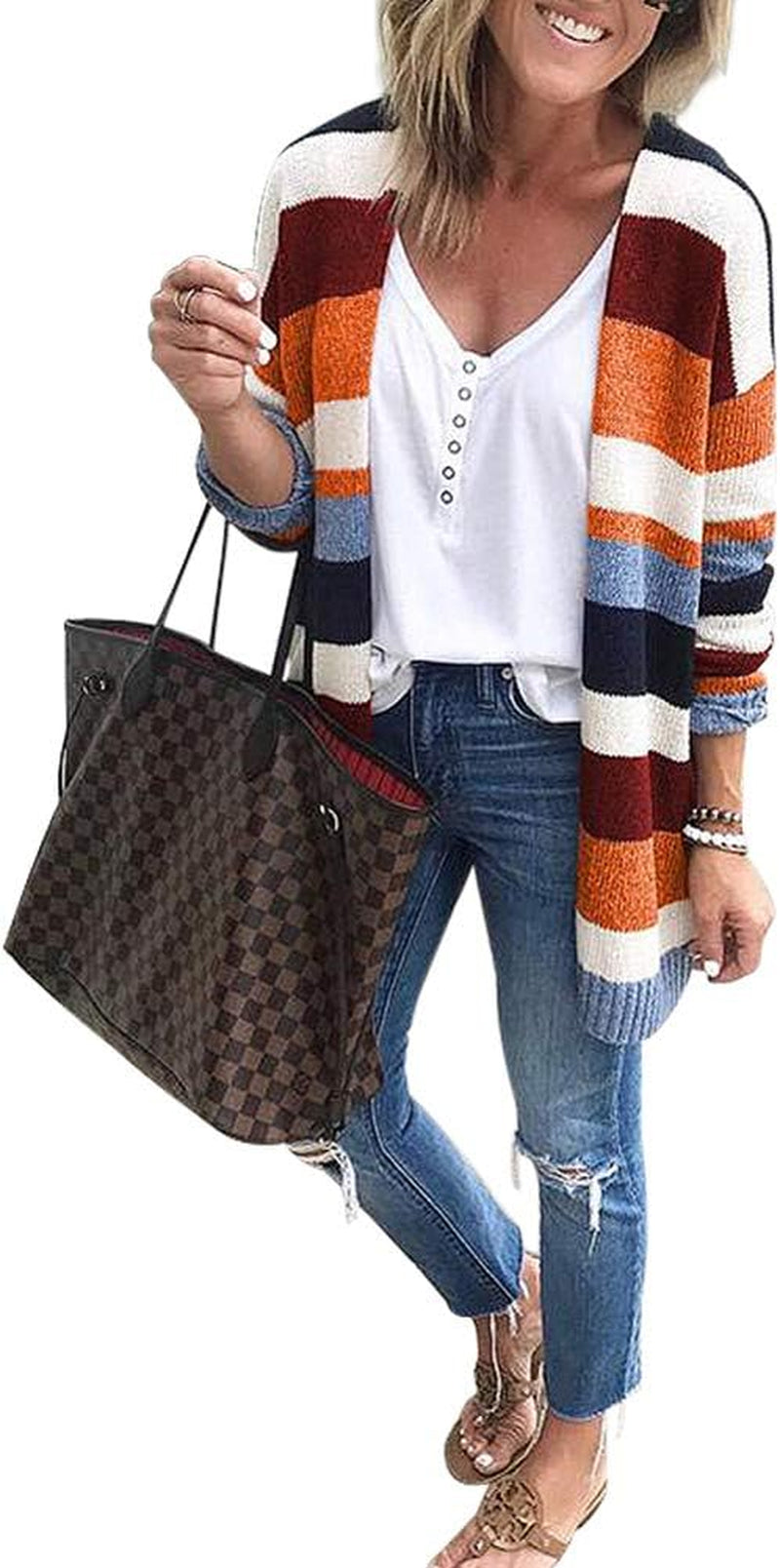 JUNBOON Women's Striped Long Sleeve Open Front Knit Cardigan Casual Pullover Sweater