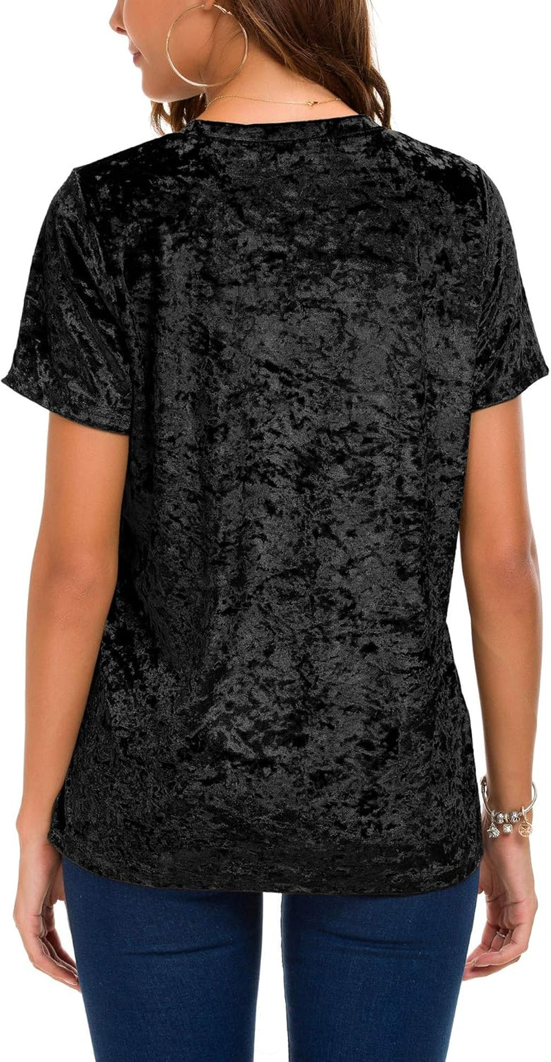 Women's Crew Neck Velvet Top Short Sleeve T-Shirt