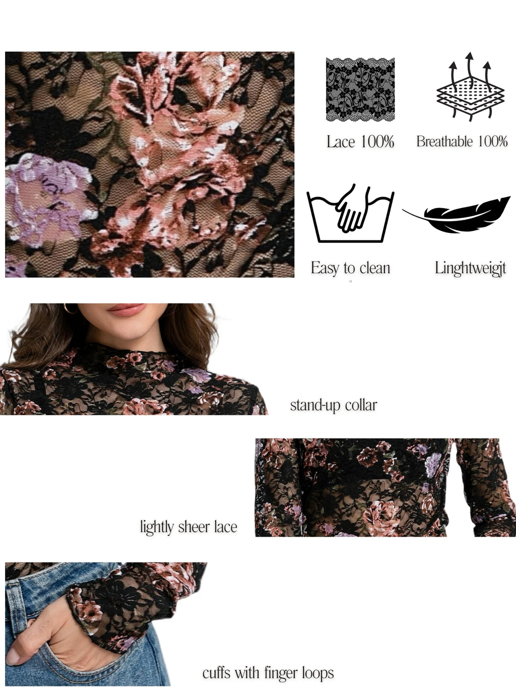 Lace Top with Long Sleeves Stand Collar Embroidered Floral Design Ideal for Parties and Clubs Xs-Xxl