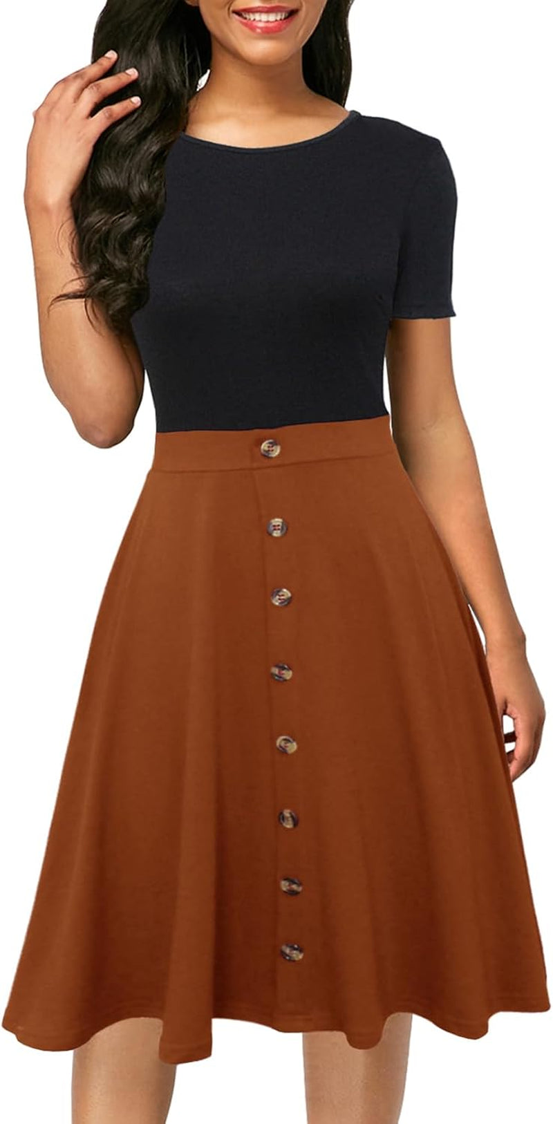 Berydress Women's Short Sleeve Colorblock Button Down Sundress Knee-Length Flared A-Line Casual Party Swing Dress