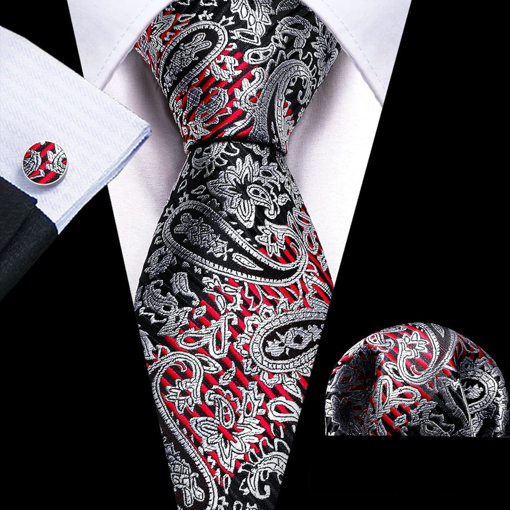 Barry.Wang Men Ties Paisley Woven Silk Necktie Set with Pocket Suqare Cufflinks Formal