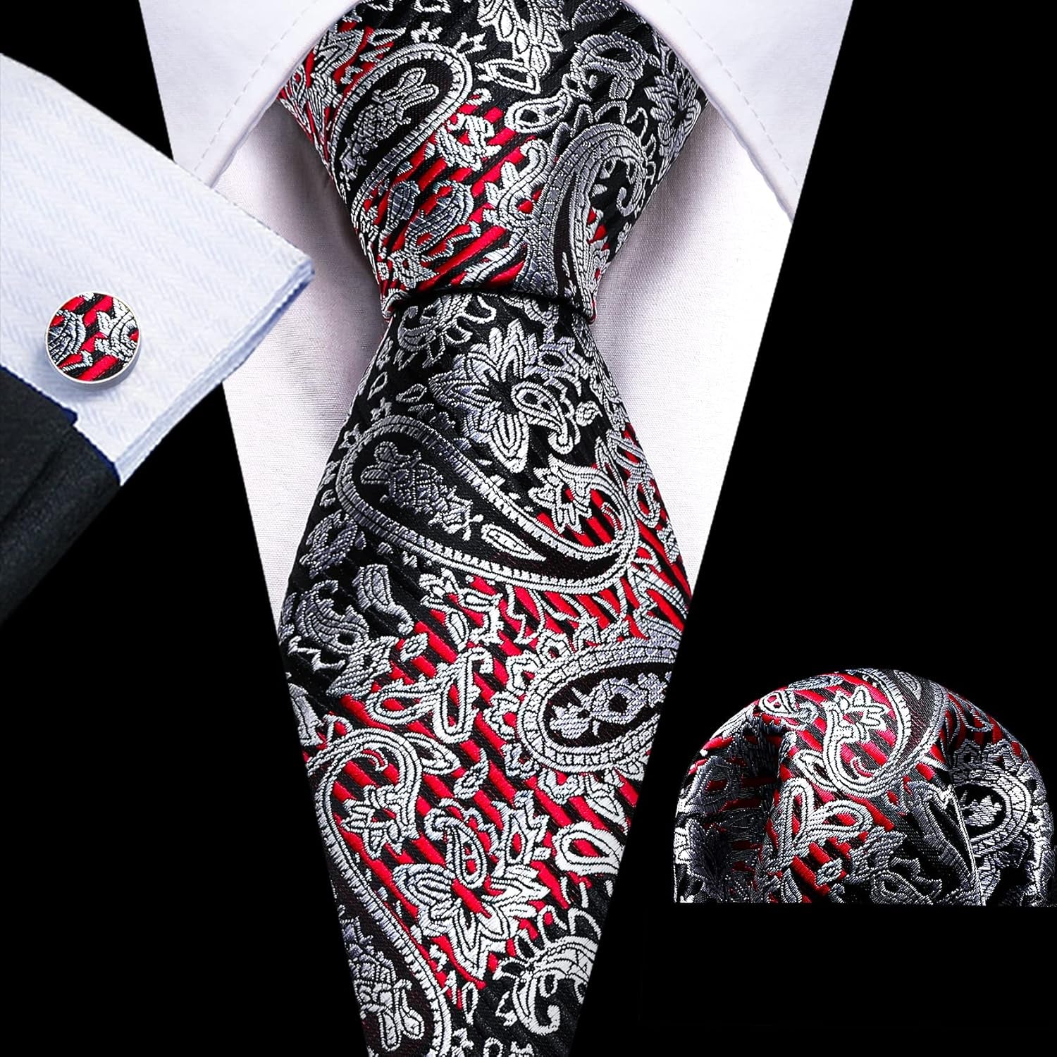 Barry.Wang Men Ties Paisley Woven Silk Necktie Set with Pocket Suqare Cufflinks Formal