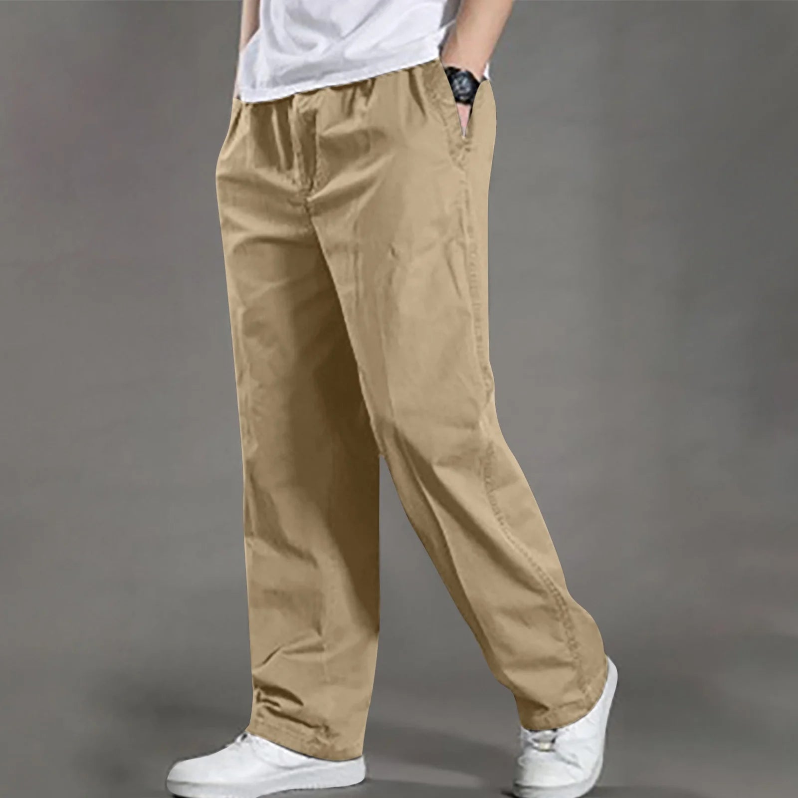Casual plus Size Trousers for Men Loose Fitted Elastic Waisted Cotton Pants with Pockets Sports Work Joggers Straight Leg Pant, M-6XL