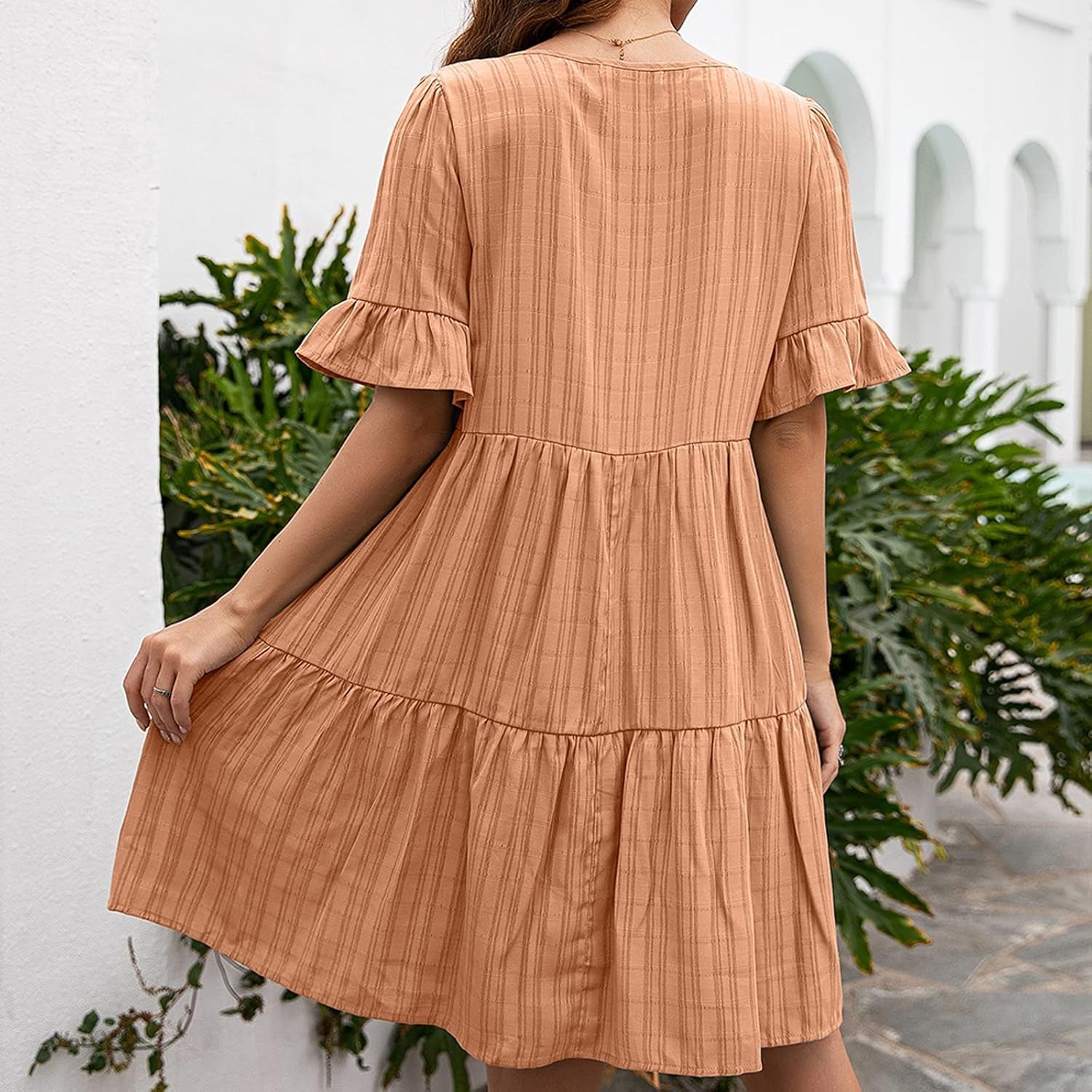 Listenwind Women Summer Tunic Dresses V Neck Ruffle Sleeve Casual Loose Boho Beach Short Swing Shift Dress