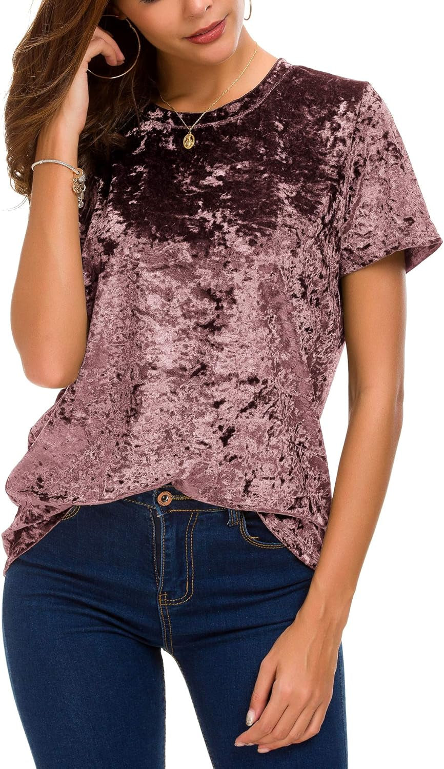 Women's Crew Neck Velvet Top Short Sleeve T-Shirt