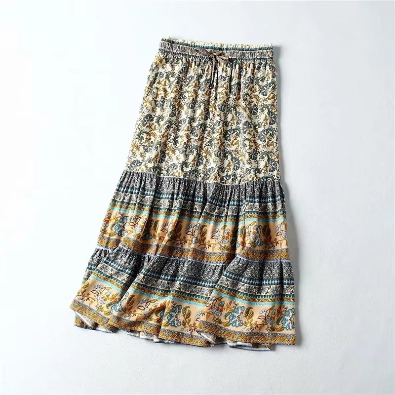 Hippie Women Floral Peacock Printed High Elastic Waist Bohemian Skirt Ladies Midi A-Line Beach