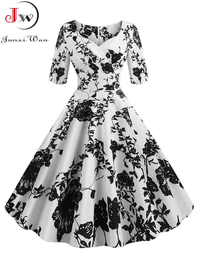 Half Sleeve Black Summer Women Dress Floral Print Vintage Party Dresses Robe Casual Retro A-Line Vestidos