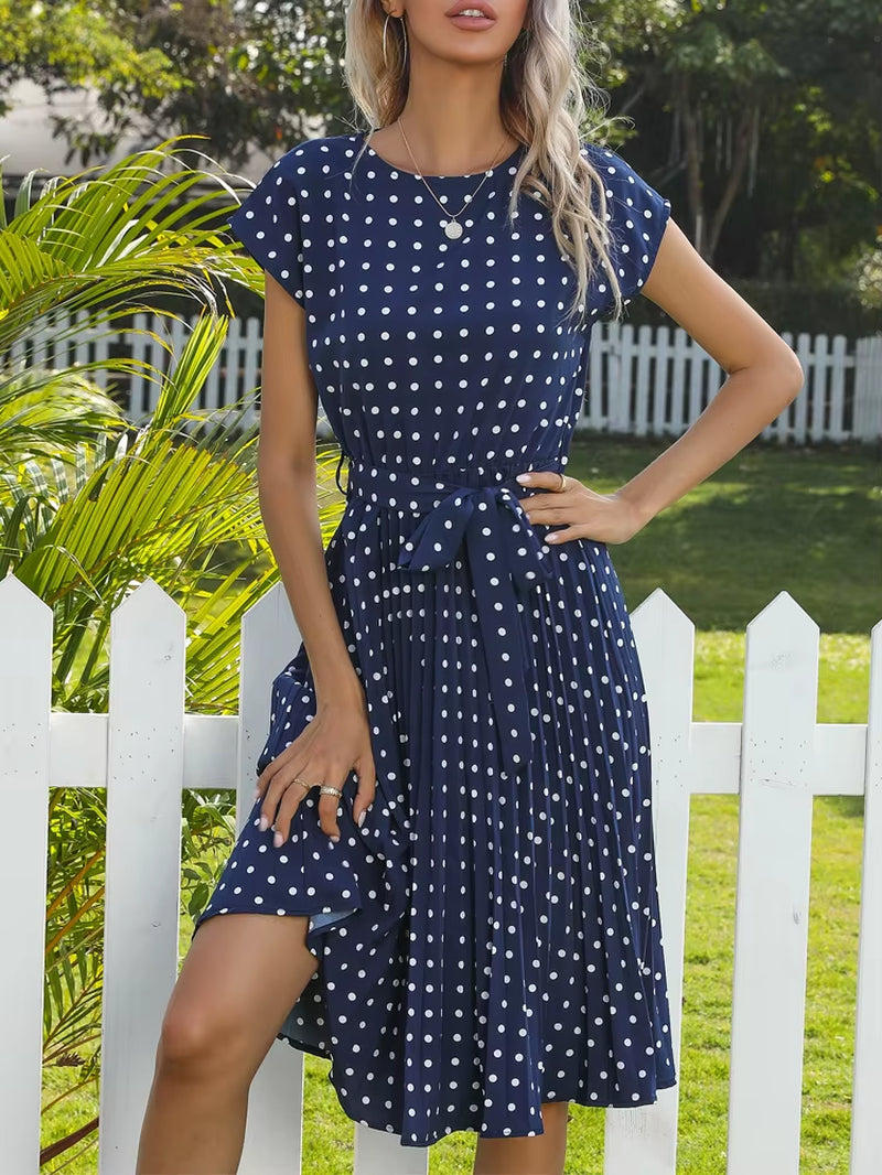 O-Neck Polka Dot Summer Dresses 2024 Cap Sleeve Women Knee Length Shirred Elegant Office Lady Belted A-Line Dress