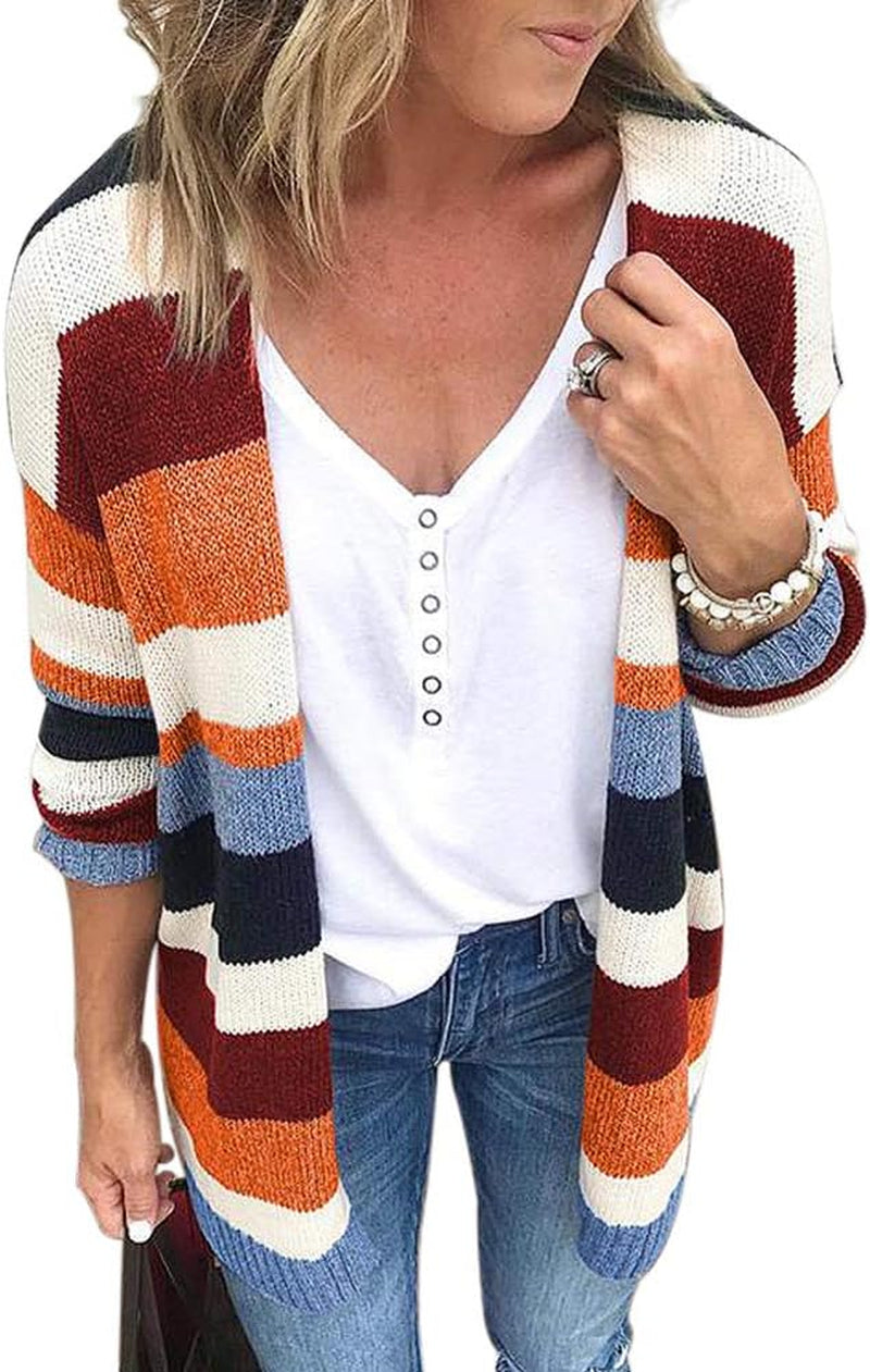 JUNBOON Women's Striped Long Sleeve Open Front Knit Cardigan Casual Pullover Sweater