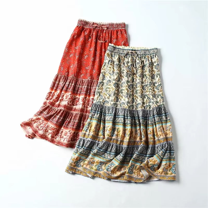 Hippie Women Floral Peacock Printed High Elastic Waist Bohemian Skirt Ladies Midi A-Line Beach