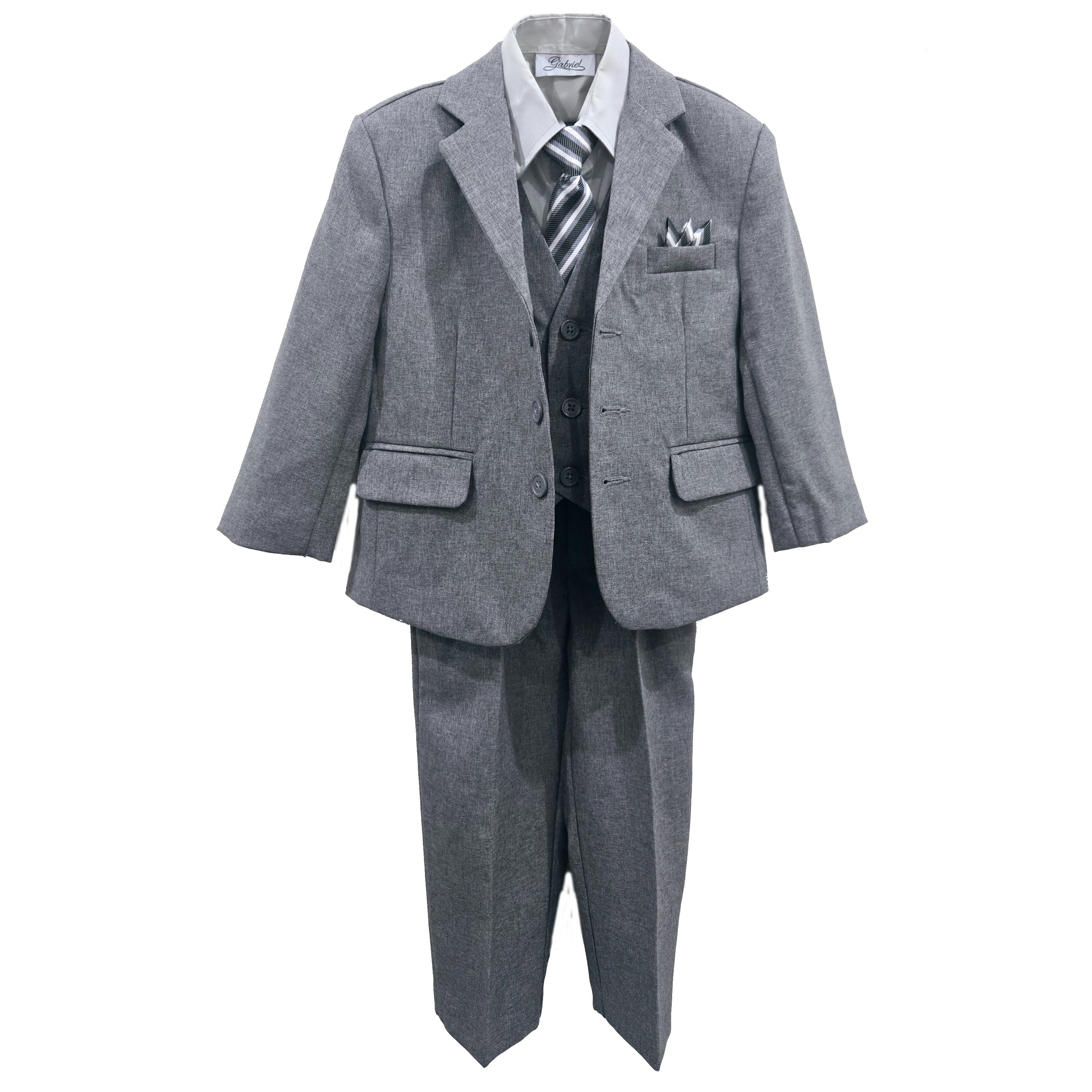 Boys' Formal Classic Fit Suit 5 Piece Set Dark Gray Includes Suit Jacket, Dress Pants, White Dress Shirt, Matching Suit Vest Clip-On Tie for Toddlers, Little Boys, Big Kids