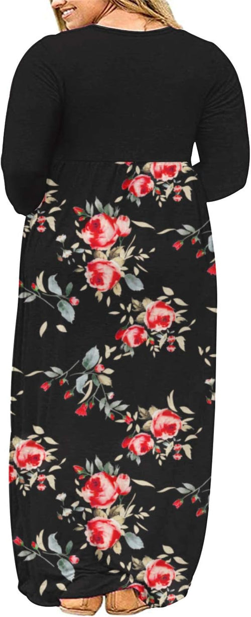 AUSELILY Women'S Plain plus Size Long Sleeve Loose Curvy Long Maxi Dresses with Pockets(18W,Black Rose Black)