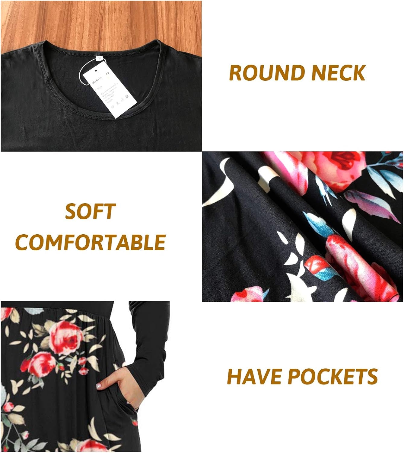 AUSELILY Women'S Plain plus Size Long Sleeve Loose Curvy Long Maxi Dresses with Pockets(18W,Black Rose Black)