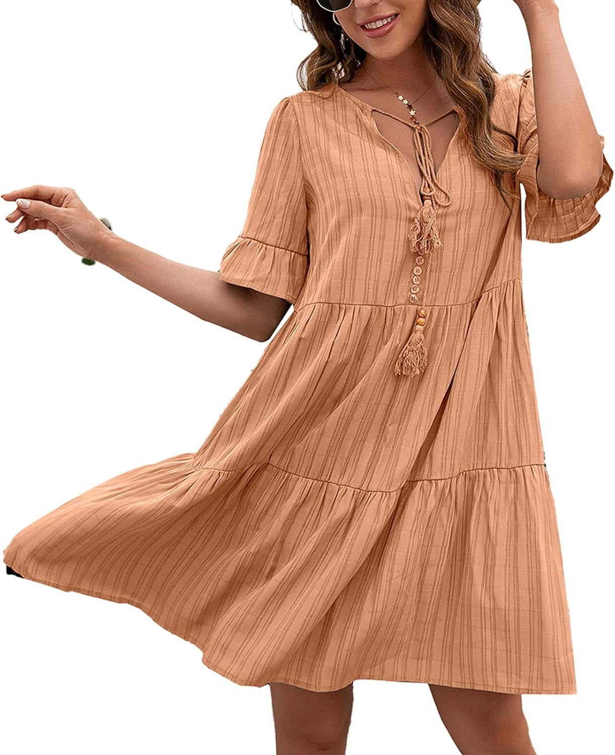 Listenwind Women Summer Tunic Dresses V Neck Ruffle Sleeve Casual Loose Boho Beach Short Swing Shift Dress